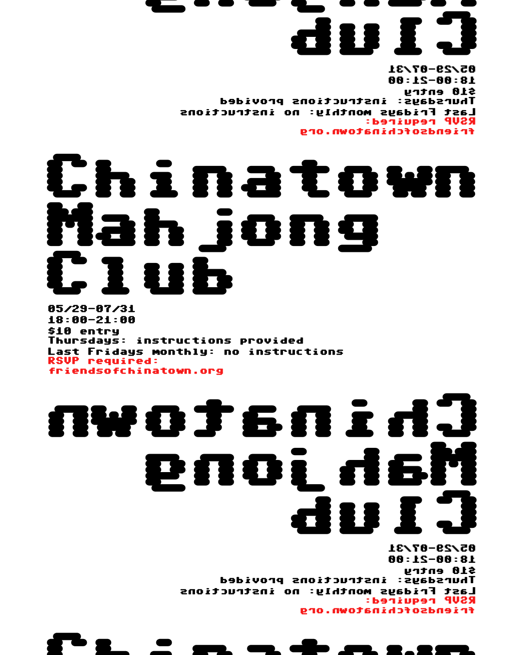 Chinatown Mahjong Club poster — mirrored black and white type